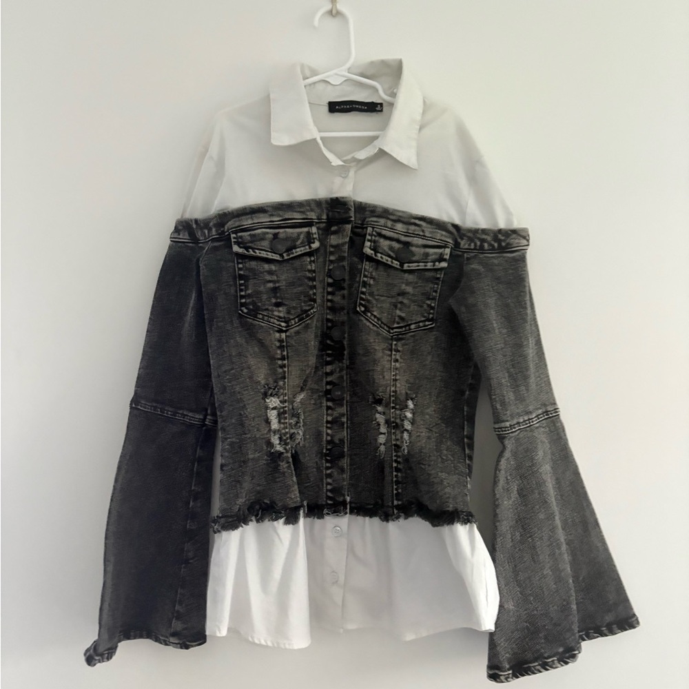 Black and White Denim Button Down Top